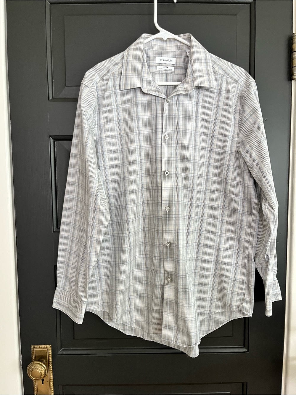 Calvin Klein Men's Light Gray and Blue Plaid Slim Fit Stretch Dress Shirt